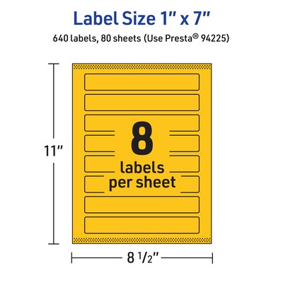 Avery Laser/Inkjet Rectangle Multipurpose Labels, 1" x 7", Bright Yellow, 640/Box (94225)