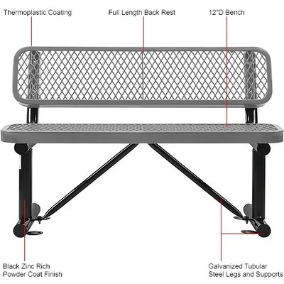 Global Industrial 4' Outdoor Steel Bench w/ Backrest, Expanded Metal, Gray (695743GY)