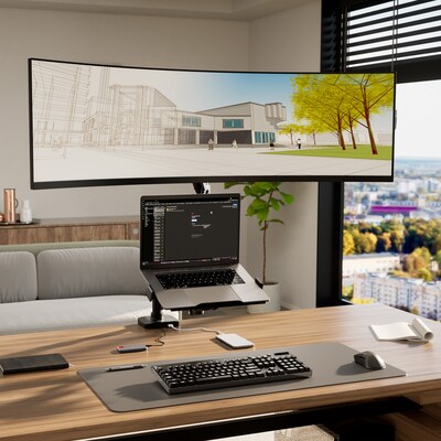 Mount-It! Monitor and Laptop Pole Desk Mount with Gas Spring Arms for 49 Monitors and 17.3 Laptops