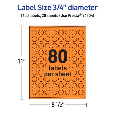 Avery Laser/Inkjet Multipurpose Circle Labels, 0.75" Dia., Bright Orange, 1600/Pack (94504)