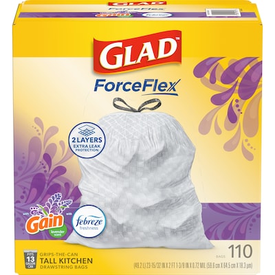 Glad ForceFlex Tall 13 Gallon Drawstring Kitchen Trash Bag, Gain Lavender with Febreze Freshness, White, 110 Total Bags (79157)