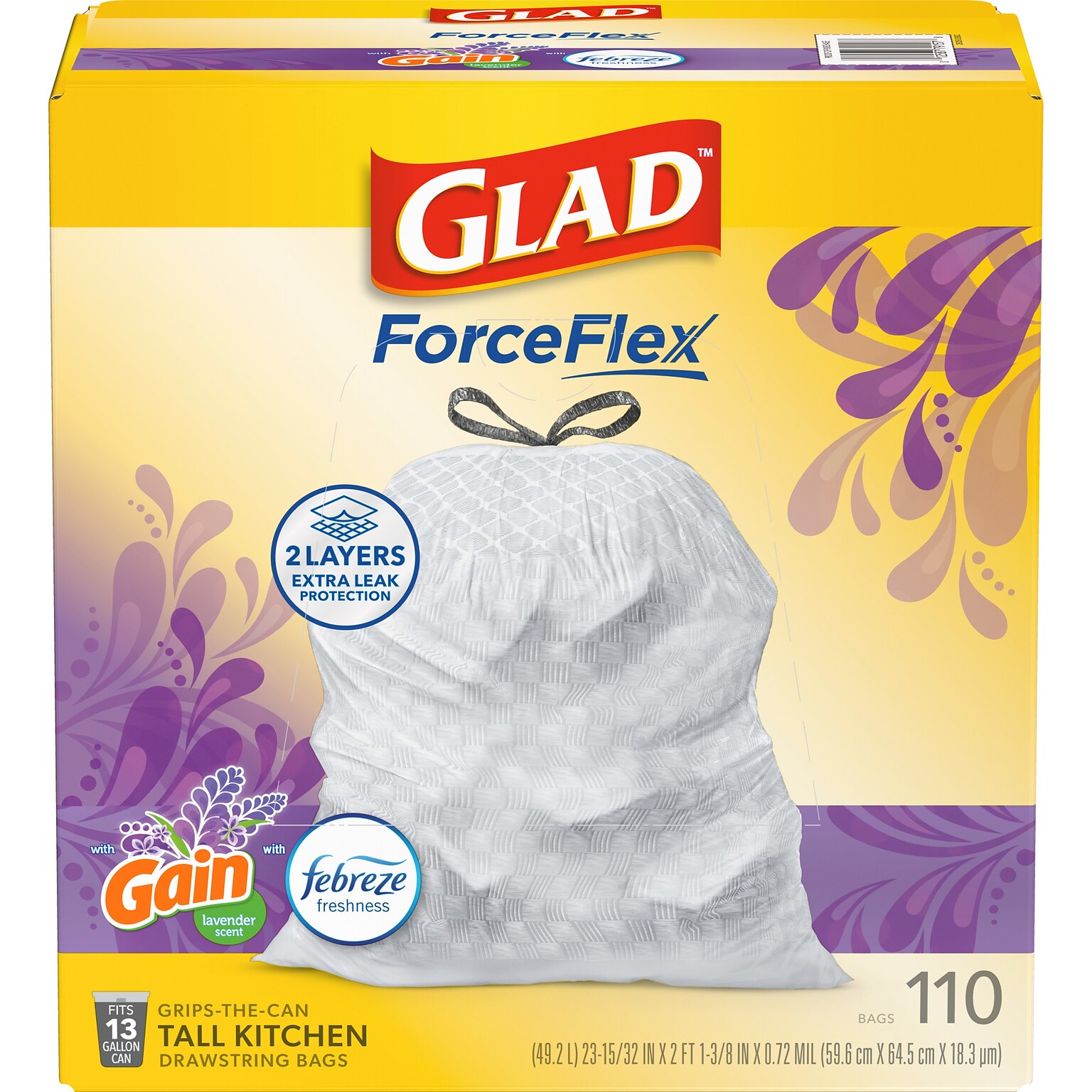 Glad ForceFlex Tall 13 Gallon Drawstring Kitchen Trash Bag, Gain Lavender with Febreze Freshness, White, 110 Total Bags (79157)