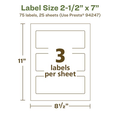Avery EcoFriendly Laser/Inkjet Rectangle Multipurpose Labels, 2-1/2" x 7", White, 75/Pack (94247)
