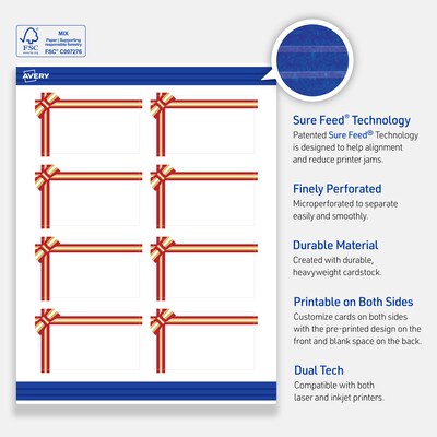 Avery Gold-Red Gift Bow Matte Blank Card, White, 80/Pack (S00-FFP)