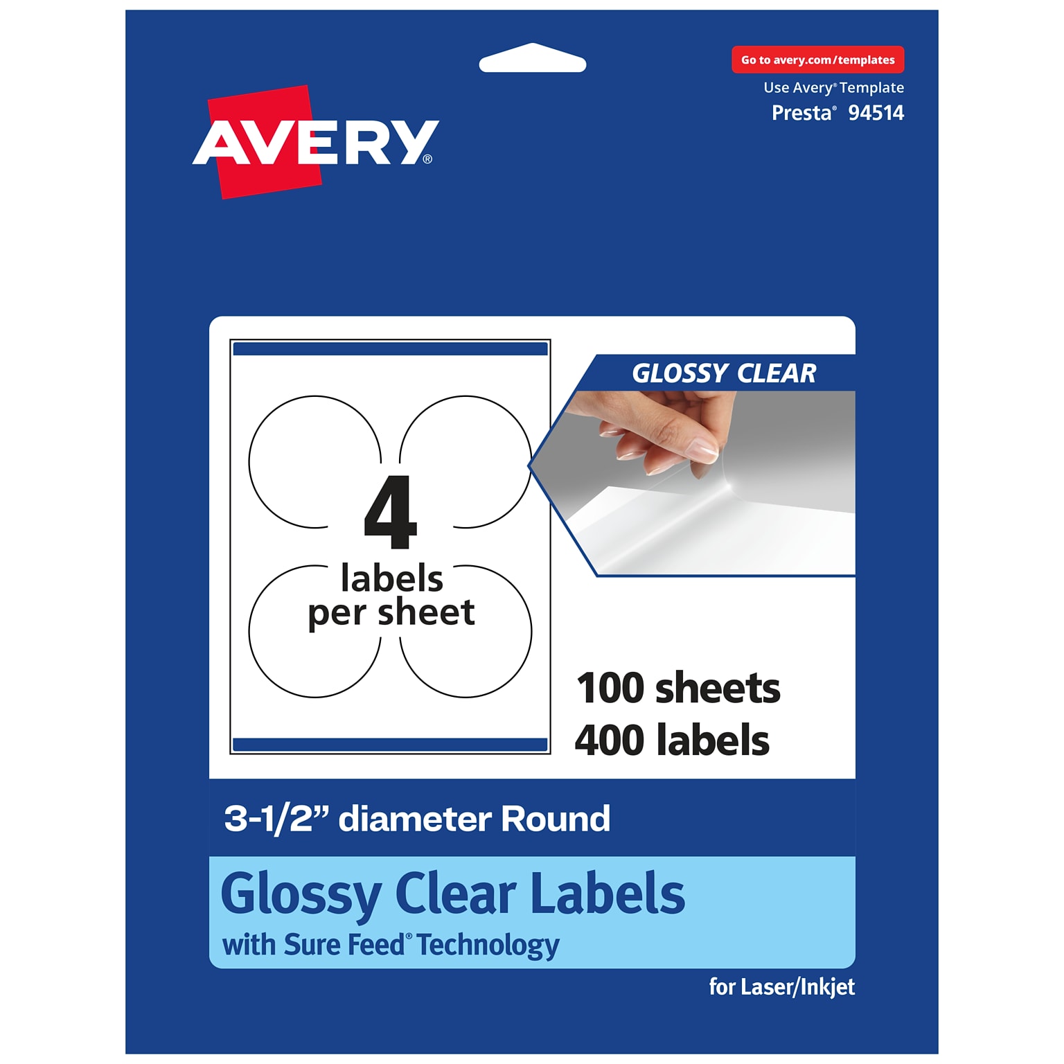 Avery Laser/Inkjet Round Multipurpose Labels, Clear, 4 Labels/Sheet, 100 Sheets/Pack (94514-CGF100)