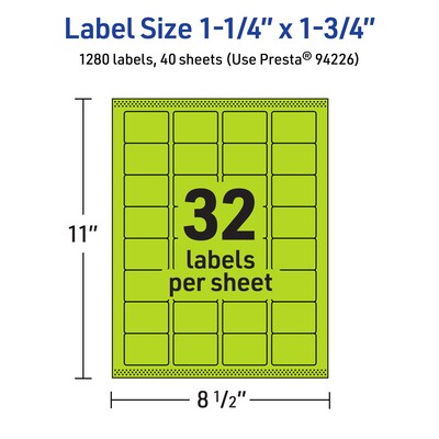 Avery Laser/Inkjet Multipurpose Rectangle Labels, 1.25" x 1.75", Bright Green, 1280/Pack (94226)