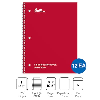 Quill Brand® 1-Subject Notebooks, 8 x 10.5, College Ruled, 70 Sheets, Assorted Colors, 12/Carton (