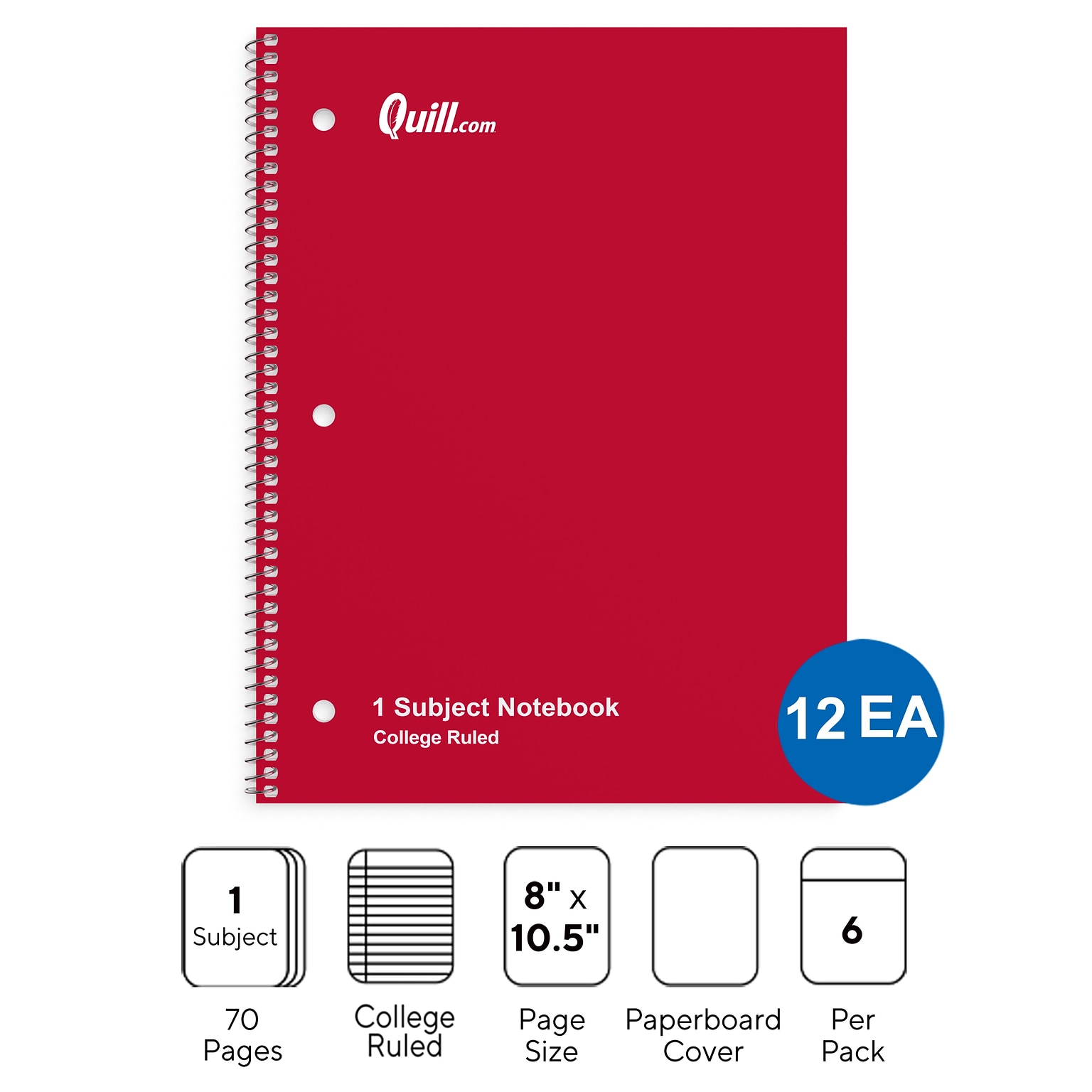 Quill Brand® 1-Subject Notebooks, 8 x 10.5, College Ruled, 70 Sheets, Assorted Colors, 12/Carton (TR58376)