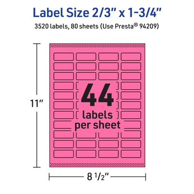 Avery Rectangle Laser/Inkjet Multipurpose Labels, 2/3" x 1-3/4", Bright Pink (3520/Box)
