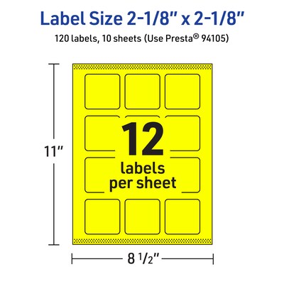 Avery Square Laser/Inkjet Multipurpose Labels, 2-1/8" x 2-1/8", Neon Yellow (120/Pack)