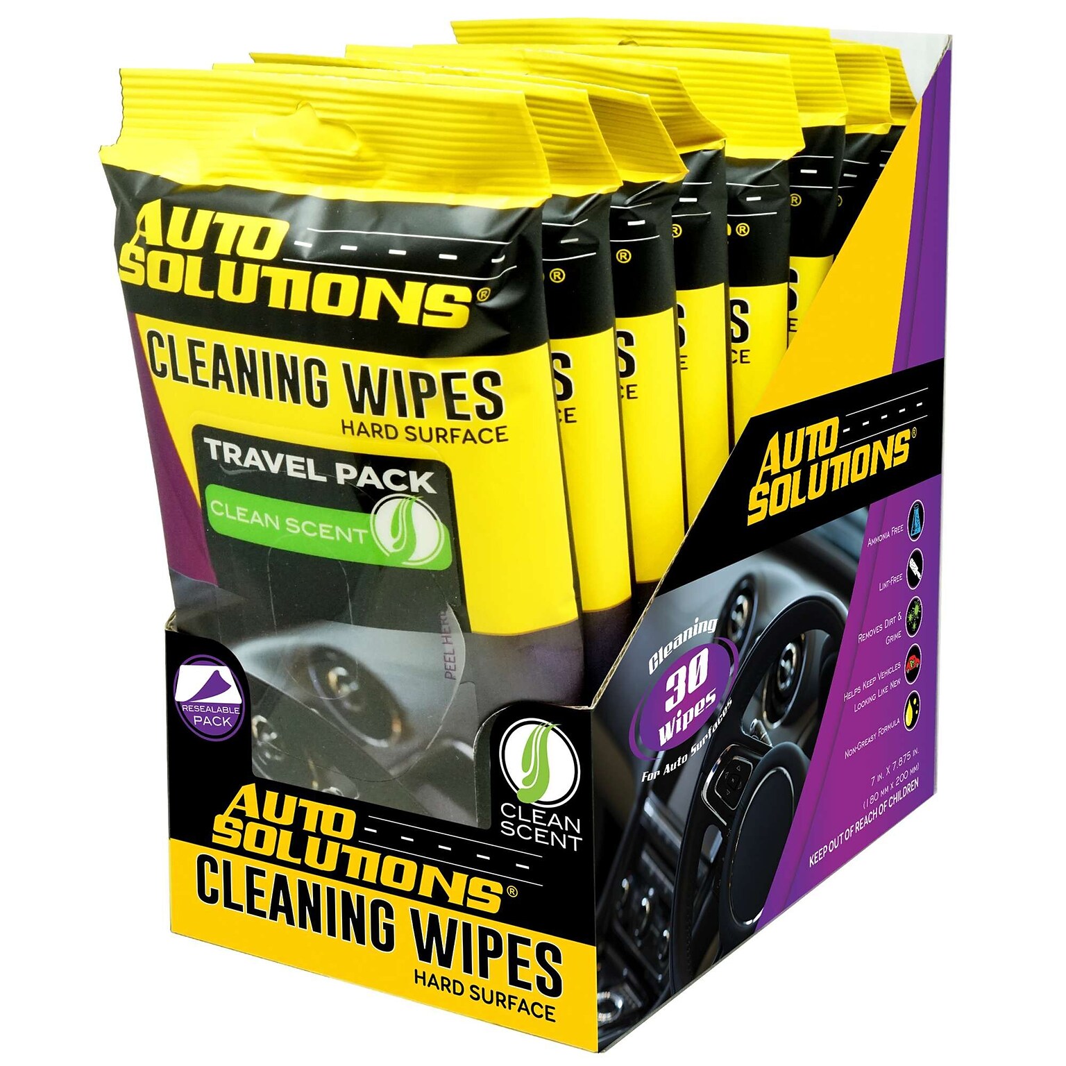 Auto Solutions Cleaning Wipes, Yellow & Purple, 30 Wipes/Pack, 8 Packs/Box, 4 Boxes/Carton (15715)