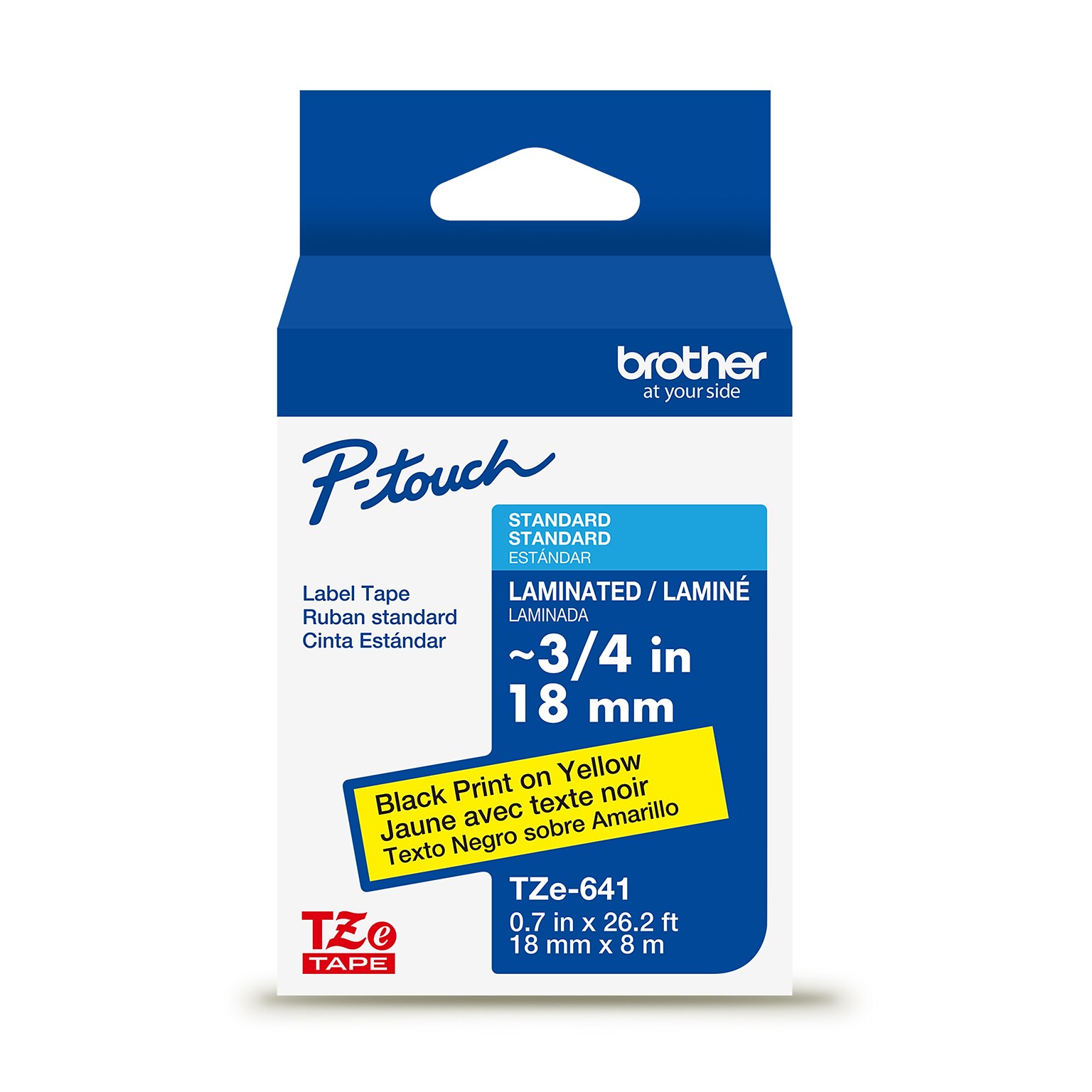 Brother P-touch Laminated Label Tape, ~3/4 x 26.2, Black on Yellow (TZe641)