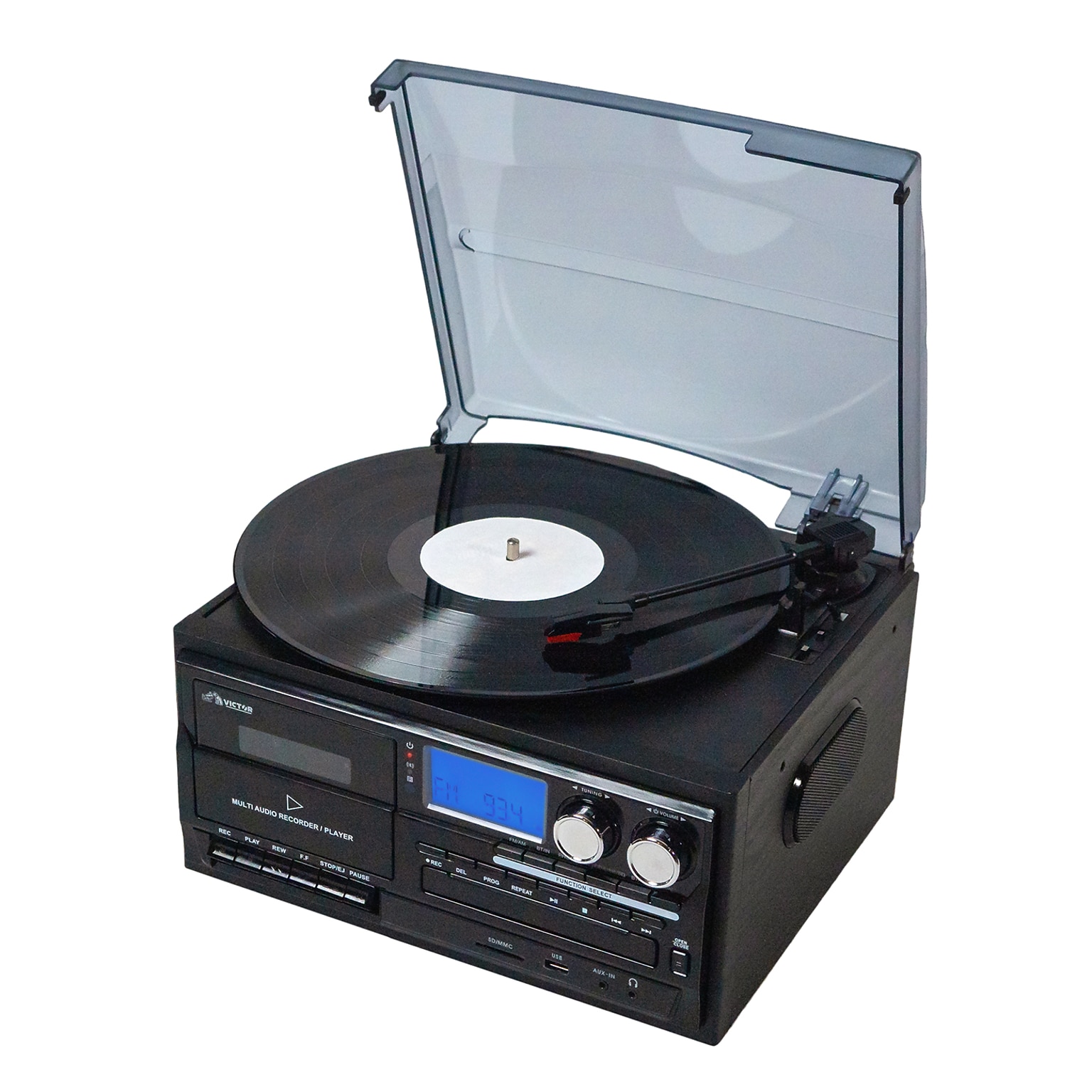 Victor VWRP-4200 Cosmopolitan 8-in-1 Turntable 3-Speed Player CD/MP3/Cassette, AM/FM, Dual Bluetooth, Black