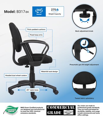 Boss Perfect Posture Deluxe Office Task Chair with Loop Arms, Black (B317-BK)