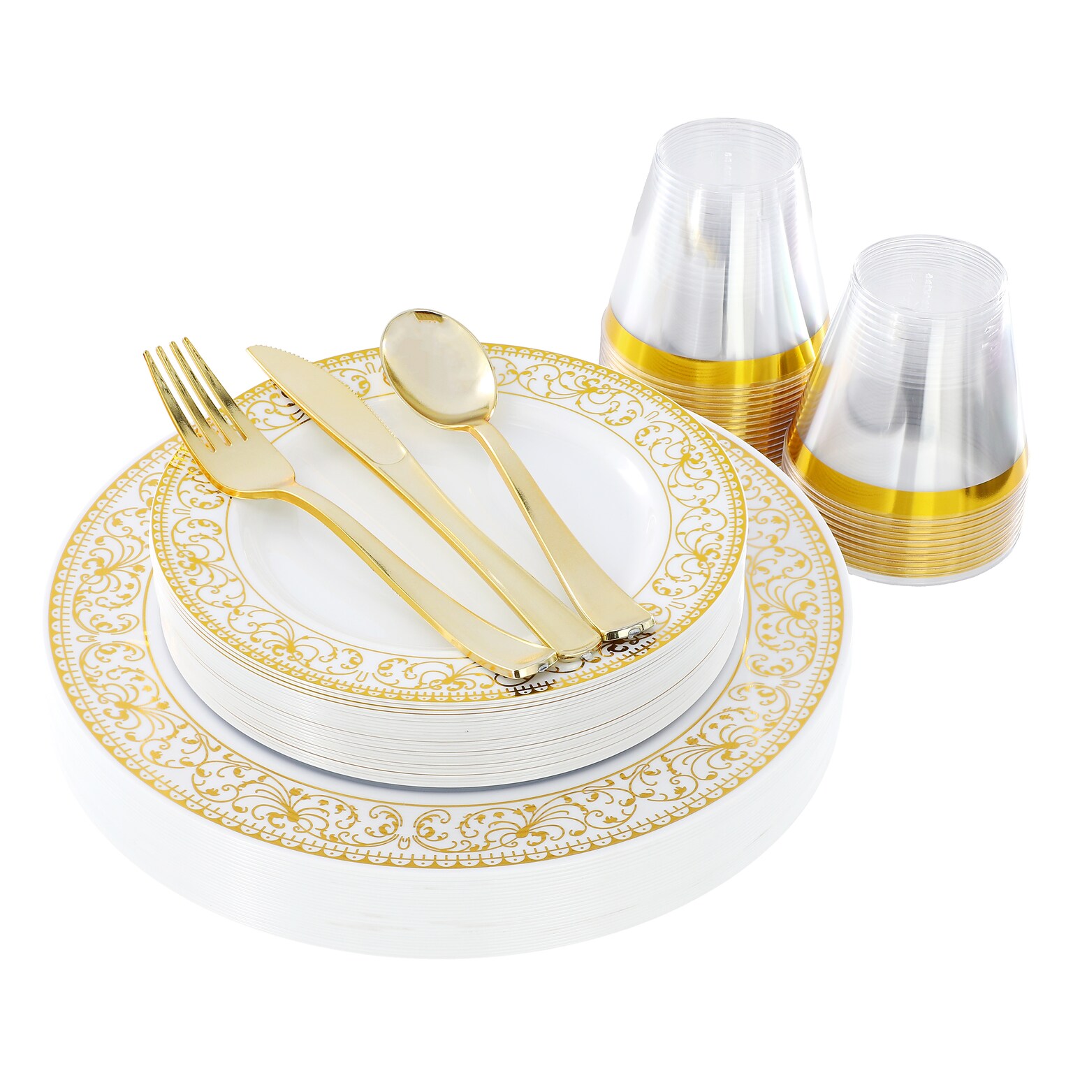 Round Elama Plastic Dinnerware Set, White/Gold, 150 Piece (935123350M)