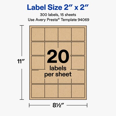 Avery Square Laser/Inkjet Multipurpose Labels, 2" x 2", Kraft Brown, 20 Labels/Sheet, 15 Sheets/Pack (19479311147)