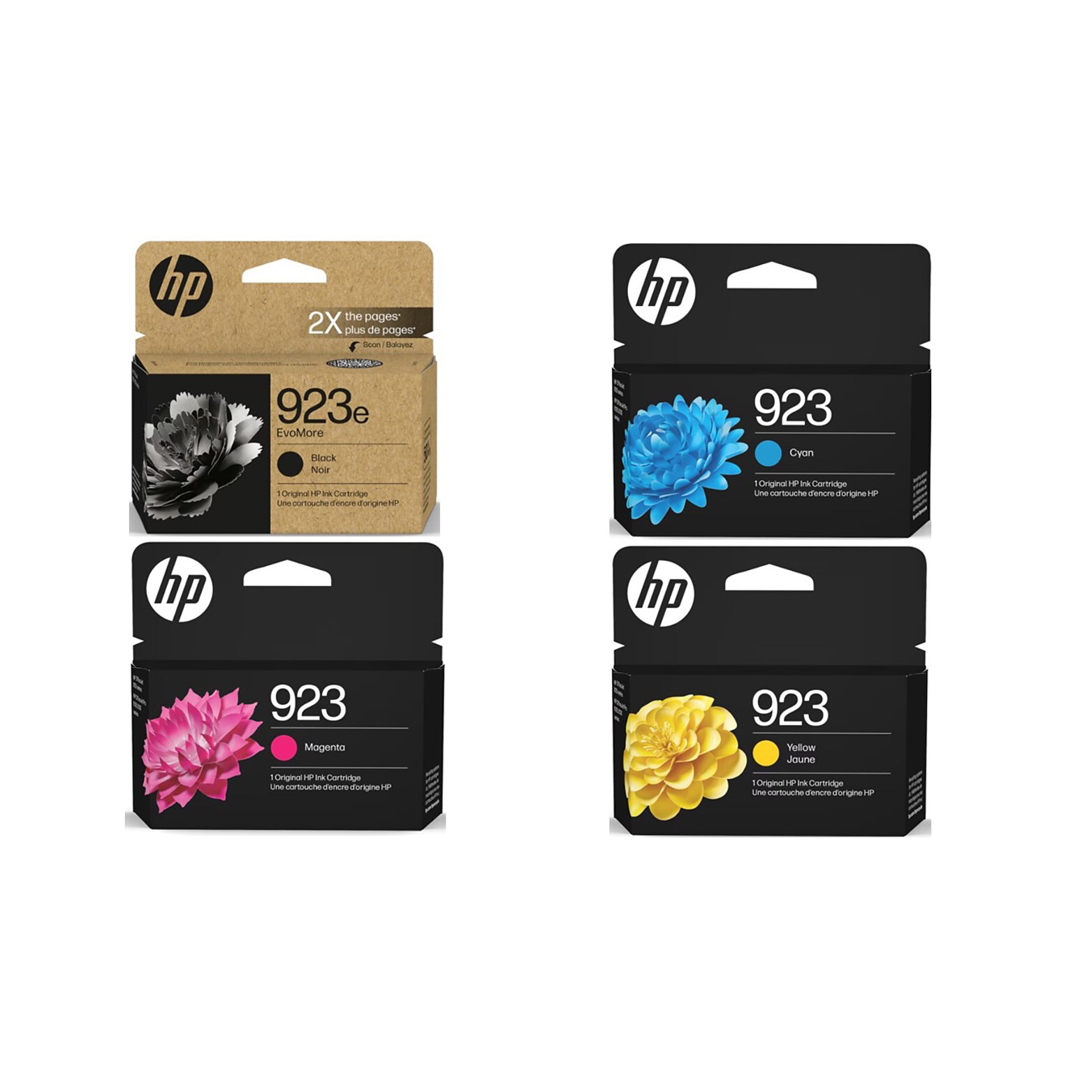 HP 923e Black High Yield and Cyan/Magenta/Yellow Standard Yield Ink Cartridge, 4/Pack