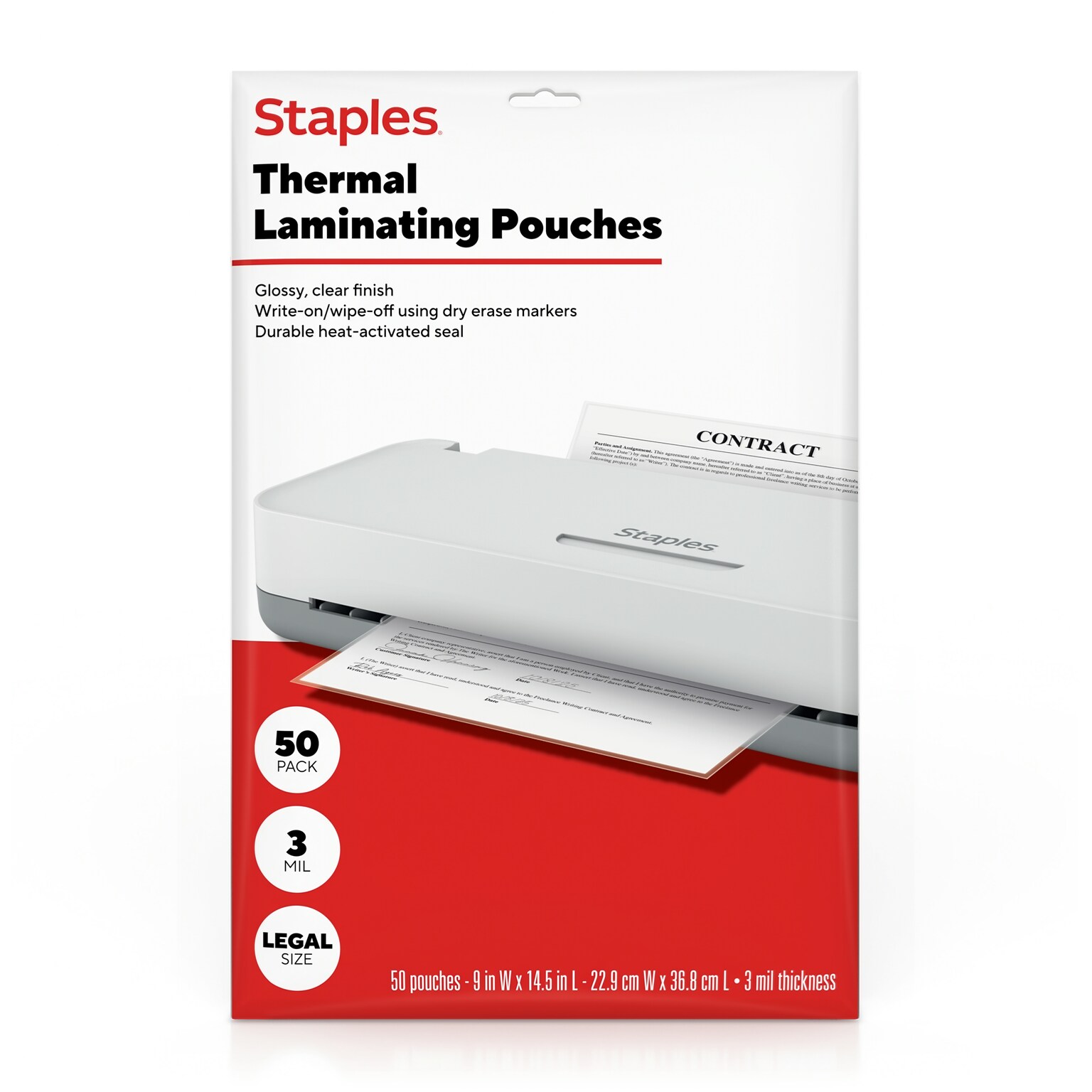 Staples Thermal Laminating Pouches, Legal Size, 3 Mil, 50/Pack (ST63665-CC)
