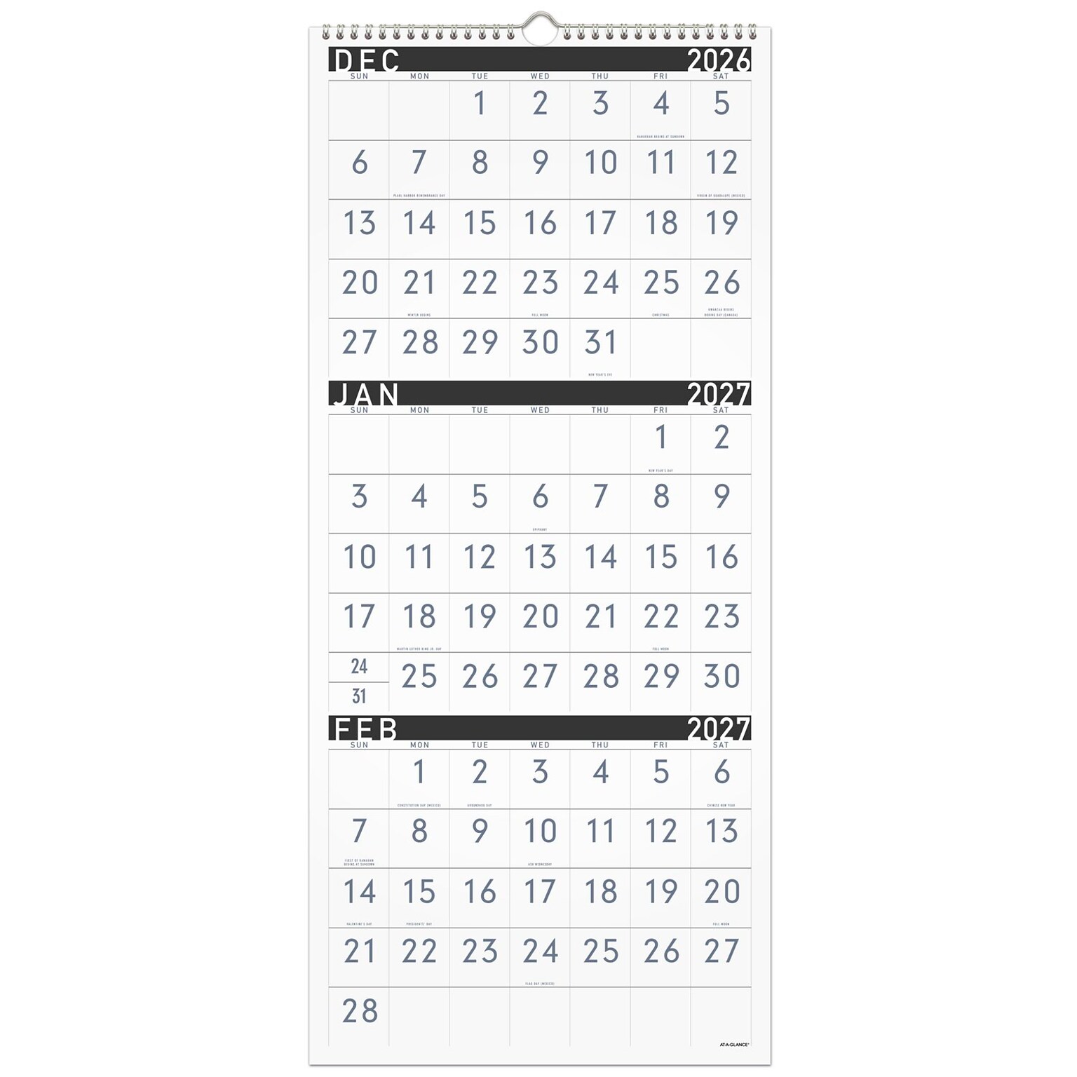 2027 AT-A-GLANCE Contemporary 12 x 27 Three-Month Wall Calendar, White/Black (PM11X-28-27)