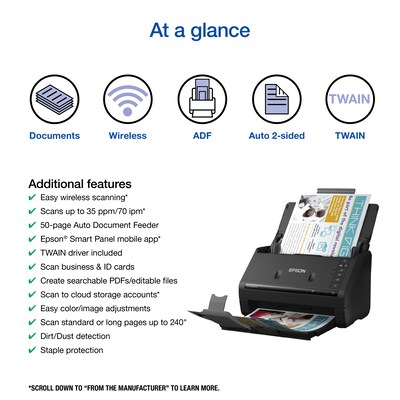 Epson WorkForce ES-500W II Wireless Duplex Document Scanner, Black (B11B263201)