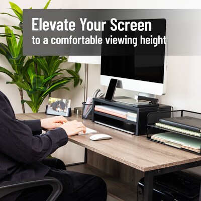 Mind Reader Monitor Stand with Phone Slot and Storage Shelf, Desktop Riser, Up to 88 lbs., Black (MDFSLOT-BLK)
