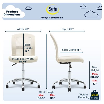 Serta Essentials Armless Ergonomic Bonded Leather/Mesh Swivel Task Chair, Cream (48740B)