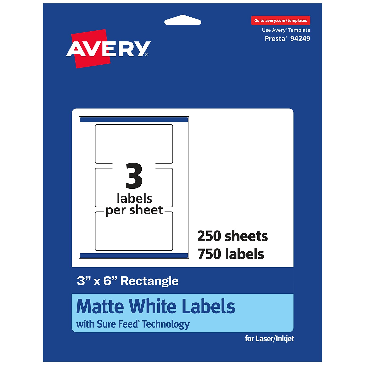 Avery Laser/Inkjet Rectangle Multipurpose Labels, 3 x 6, White, 750 Labels/Box (94249)