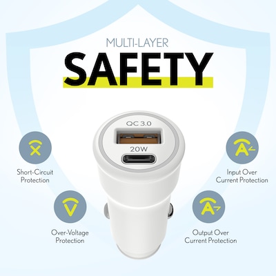 Overtime 38W Dual Port Car Charger and Two 6-Foot USB-C to USB-C Cables Bundle, White (OTC2PD6TCX2)