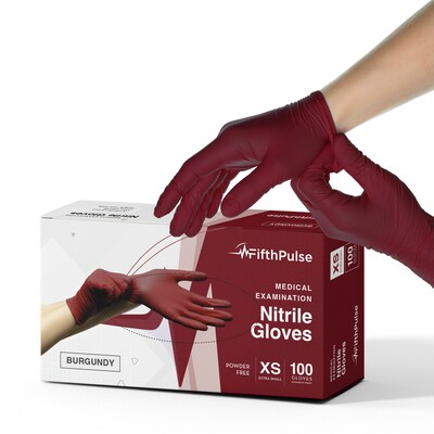 FifthPulse Powder Free Nitrile Gloves, Latex Free, X-Small, Burgundy, 100/Box (FMN100397)