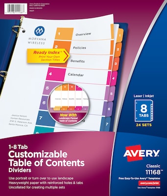 Avery Ready Index Table of Contents Paper Dividers, 1-8 Tabs, Multicolor, 24 Sets/Box (11168)