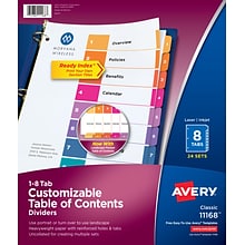 Avery Ready Index Table of Contents Paper Dividers, 1-8 Tabs, Multicolor, 24 Sets/Box (11168)