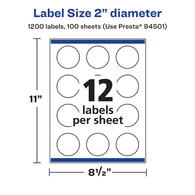 Avery Laser/Inkjet Round Multipurpose Labels, 2" Dia., White, 12 Labels/Sheet, 100 Sheets/Pack (94501)