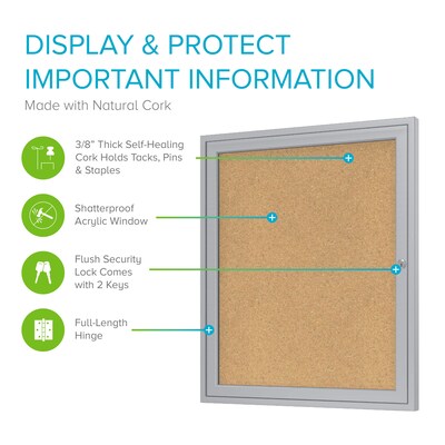 Ghent 1 Door Enclosed Natural Cork Bulletin Board, Satin Aluminum Frame, 24H x 18W, (GHEPA12418K)