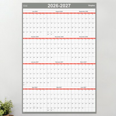 2026-2027 Staples 32" x 48" Academic Yearly Dry Erase Wall Calendar, Reversible, White/Red/Gray (ST54274-27)