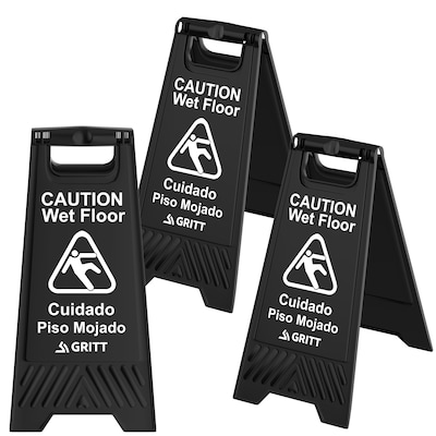 Gritt Commercial Safety Caution Wet Floor A-Frame/Sandwich Board Sign, 24H, Black, 3/Pack (GRI184-BLK-3PK)