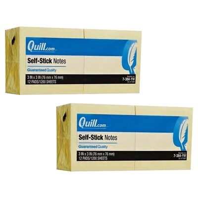 Two Each Quill Brand® Self Stick Notes, 3 x 3, Yellow, 100 Sheets/Pad, 12 Pads/Pack (7384YW)