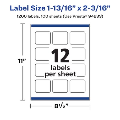 Avery Laser/Inkjet Rectangle Multipurpose Labels, 1-13/16" x 2-3/16", White, 1200 Labels/Box (94233)