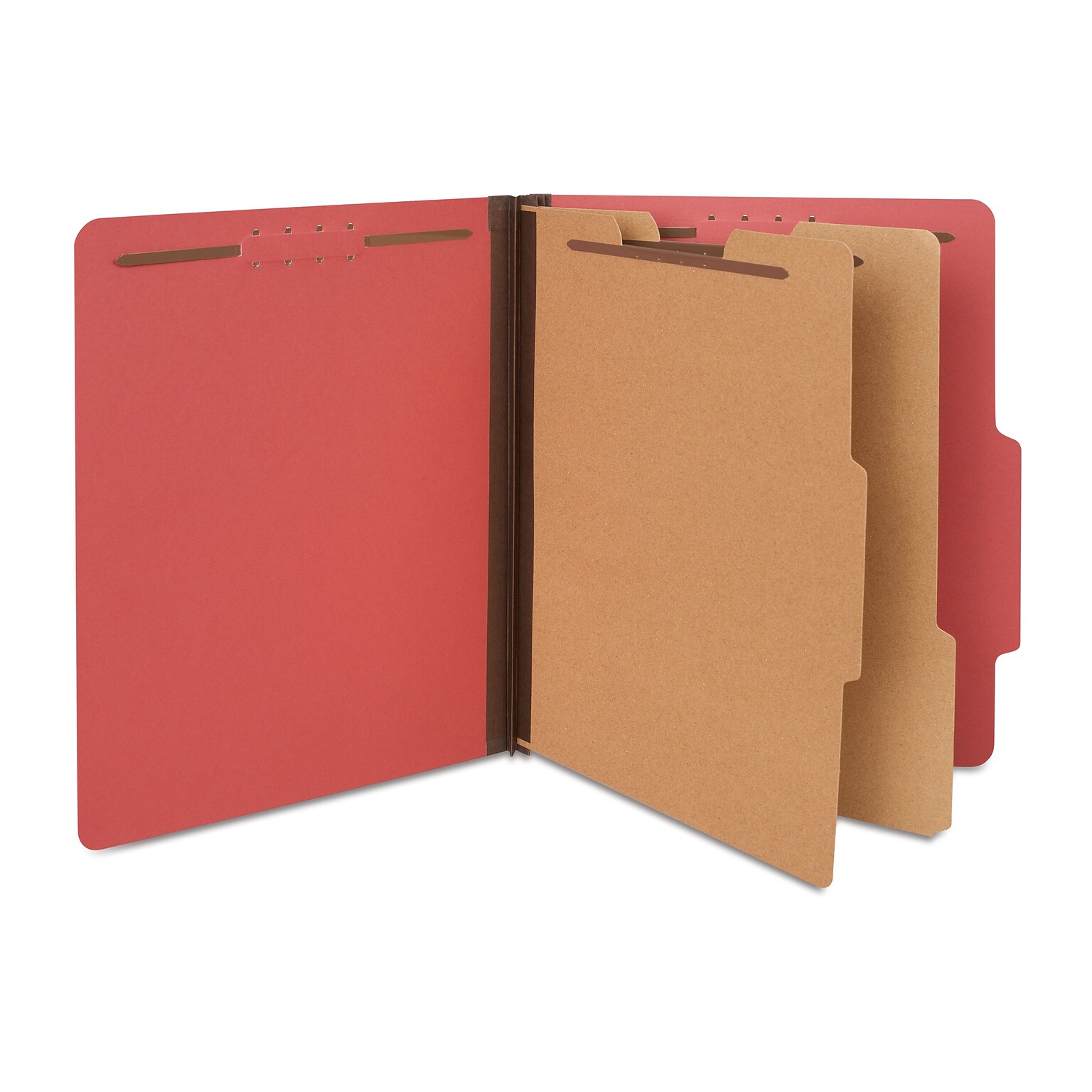 Quill Brand® 2/5-Cut Tab Pressboard Classification File Folders, 2-Partitions, 6-Fasteners, Letter, Red, 15/Box (73803)