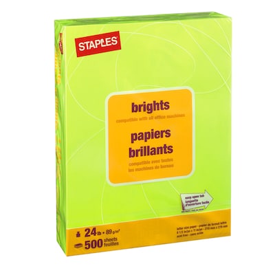 Staples Brights Multipurpose Colored Paper, 20 lbs., 8.5 x 11, Lime, 500/Ream (25206)