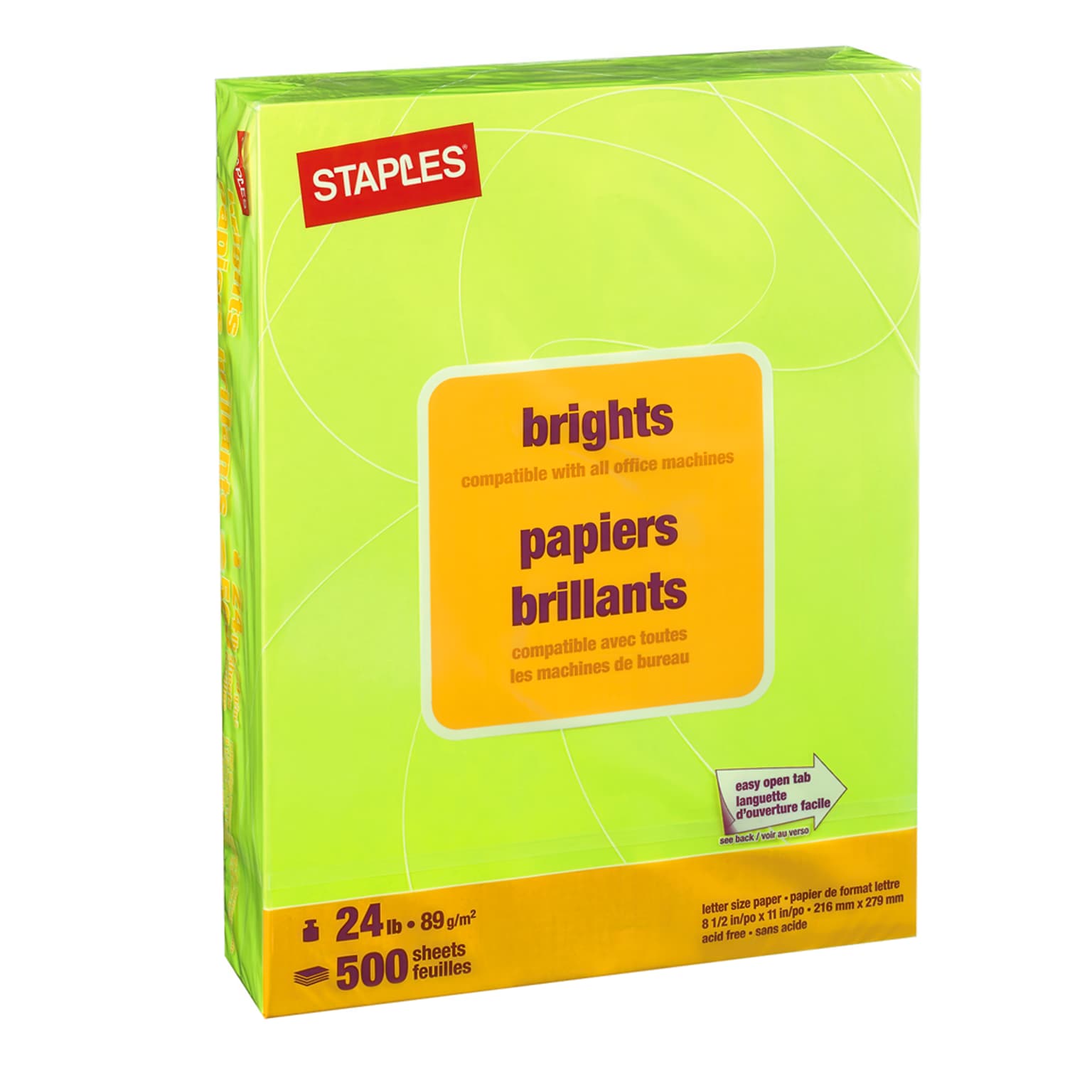 Staples Brights Multipurpose Colored Paper, 20 lbs., 8.5 x 11, Lime, 500/Ream (25206)