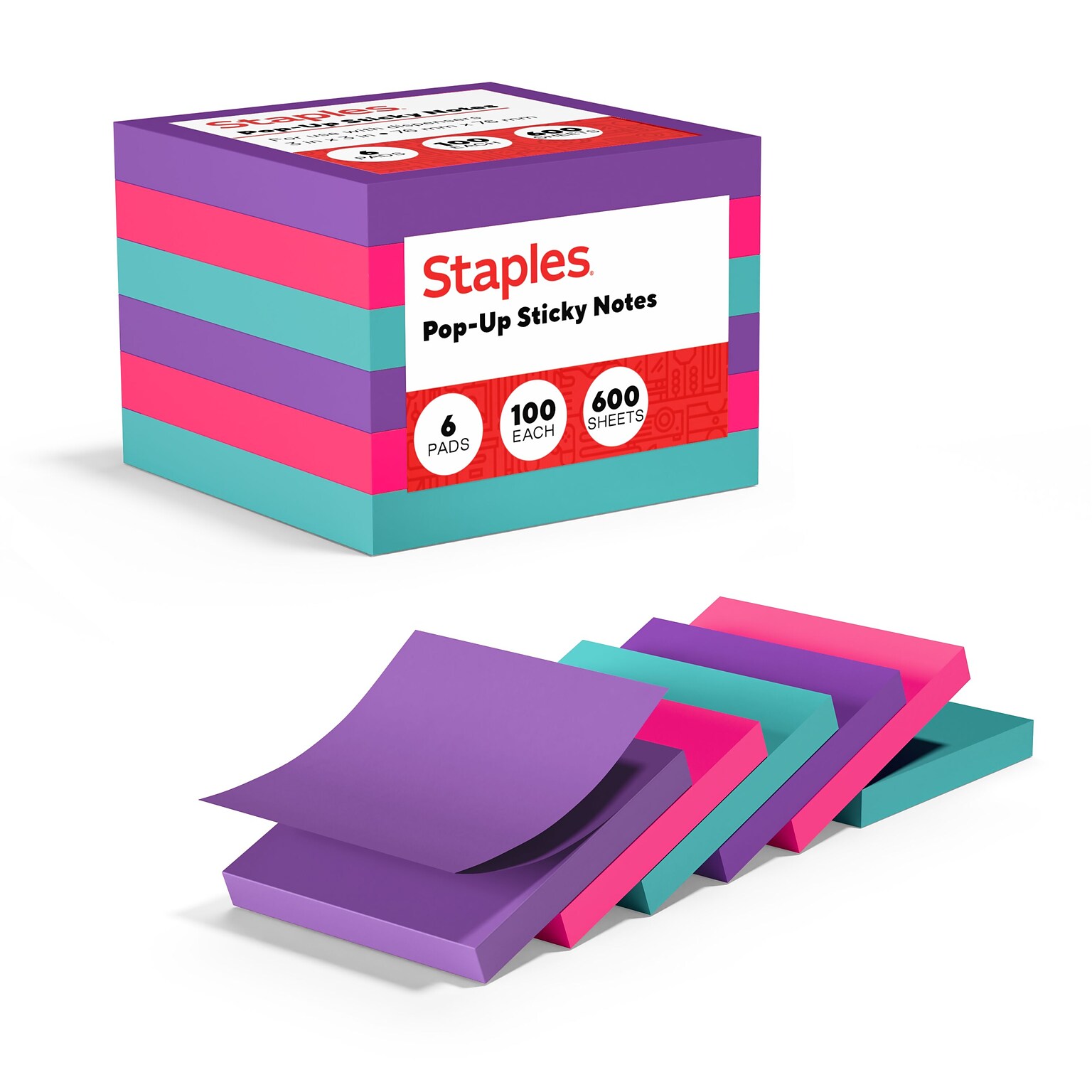 Staples® Pop-up Notes, 3 x 3, Berry Blast Collection, 100 Sheet/Pad, 6 Pads/Pack (S33BOP6/52558)