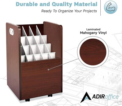 AdirOffice 20-Slot Mobile Roll File, Lockable, 24.75"H x 15.25"W x 13.25"D, Mahogany (624-MA-KIT1)