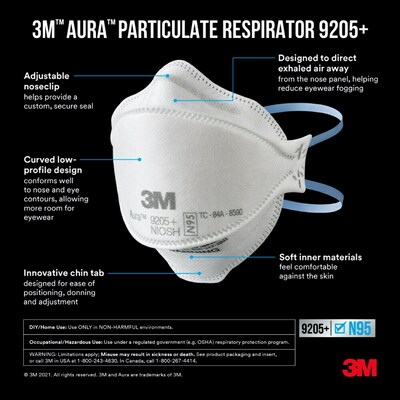 3M Aura N95 Particulate Respirator, White, 20/Pack (9205P-20-DC)