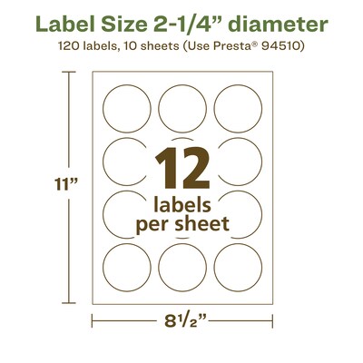 Avery EcoFriendly Laser/Inkjet Circle Multipurpose Labels, 2-1/4" Dia., White, 120/Pack (94510)