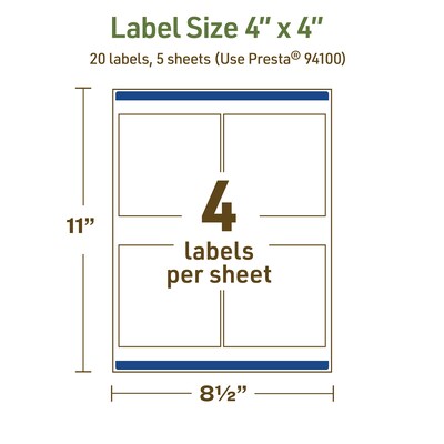 Avery Dissolvable Square Multipurpose Labels, 4" x 4", Off-white, 20/Pack (94100)