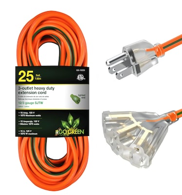 GoGreen Power 25 Indoor/Outdoor Extension Cord, 3-Outlet, 12 AWG, Orange (GG-15225)