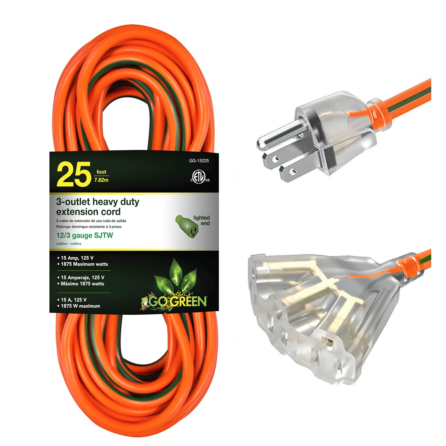 GoGreen Power 25 Indoor/Outdoor Extension Cord, 3-Outlet, 12 AWG, Orange (GG-15225)