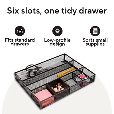 TRU RED Mesh Drawer Organizer, 6-Compartment, Matte Black – Desk & Drawer Storage for Office Supplies