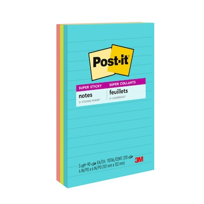 Post-it Super Sticky Notes, 4 x 6 in., 3 Pads, 90 Sheets/Pad, Lined, 2x the Sticking Power, Supernov