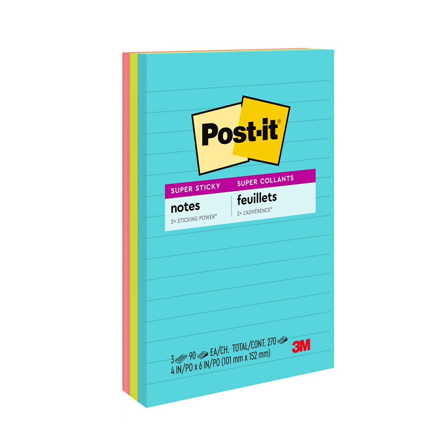 Post-it Super Sticky Notes, 4 x 6, Supernova Neons Collection, Lined, 90 Sheet/Pad, 3 Pads/Pack (660-3SSMIA)
